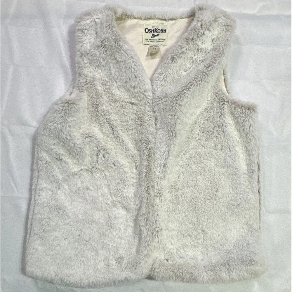 OshKosh B'gosh Girls Gray Faux Fur Lined Vest Fur Trim Hook & Eye Size 12